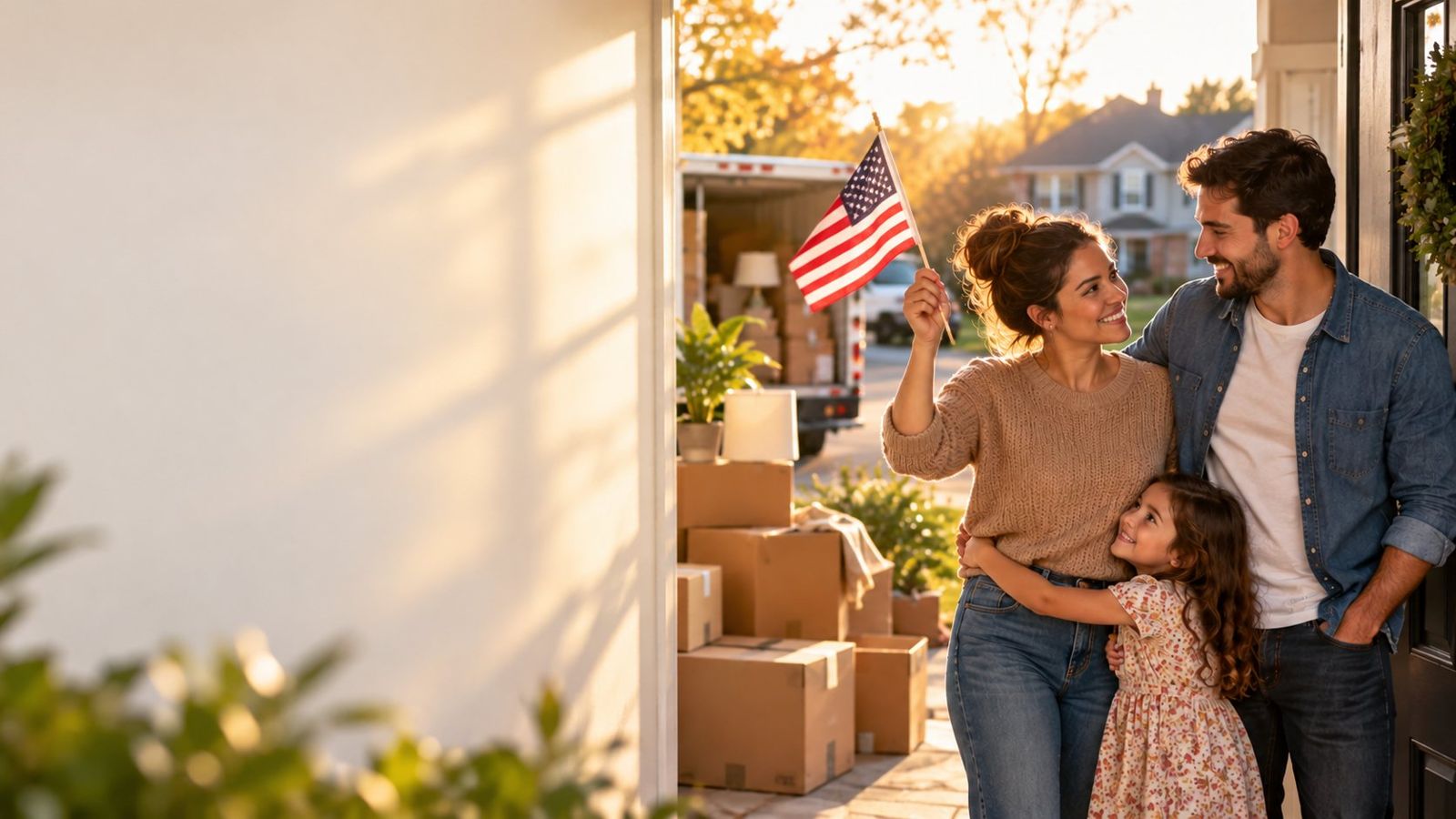 Uma família sorrindo na porta da casa nova, a mãe acenando uma pequena bandeira americana, caixas de mudança atrás