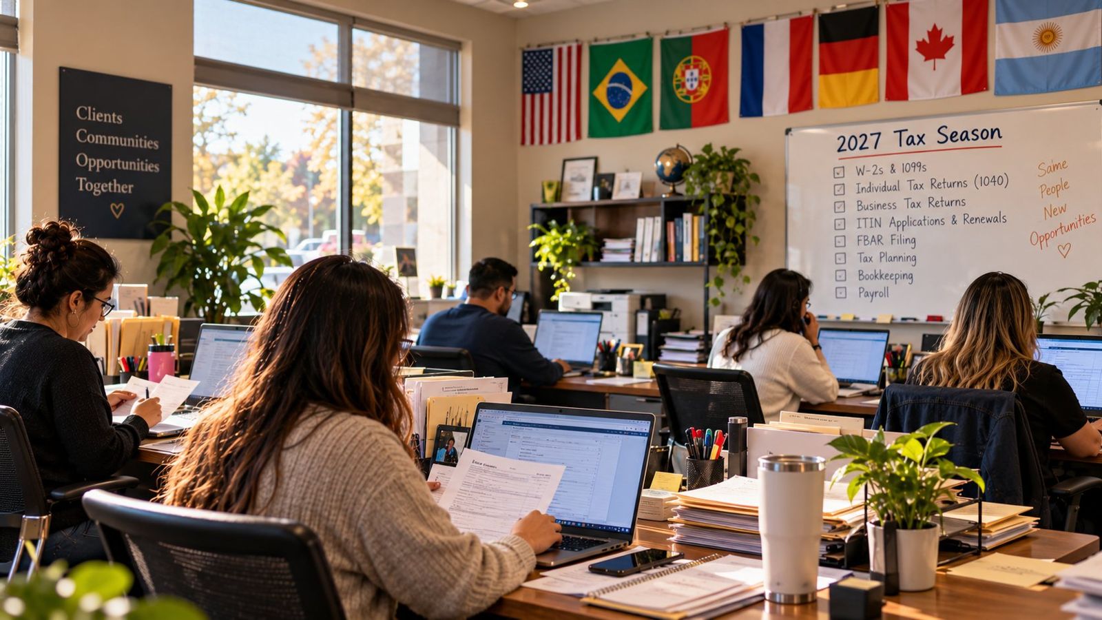 A equipe da CKSERVICO trabalhando no escritório, com bandeiras de vários países na parede e os serviços da temporada de imposto de 2027 no quadro